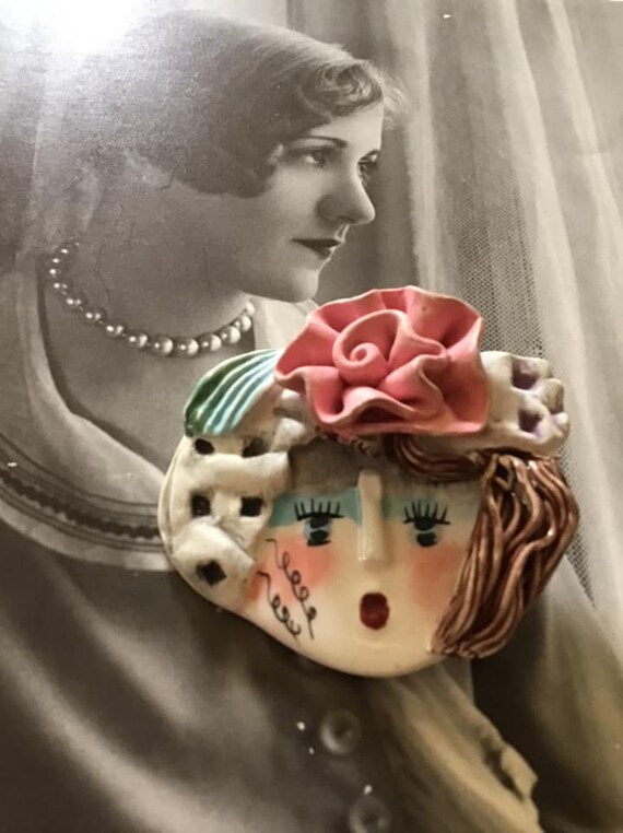Vintage 1990's Y2K Brooch Pin Ceramic Lady Face *… - image 9