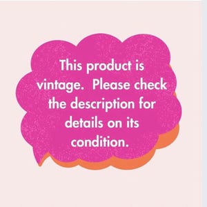 May include: A pink speech bubble with the text: "This product is vintage. Please check the description for details on its condition." The bubble has an orange outline and is set against a light pink background.