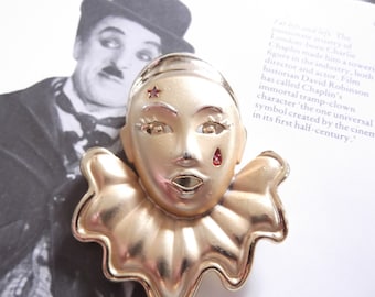 Vintage 1980s Brooch Pin Clown Harlequin Circus Comedy Gold Tone Unsigned