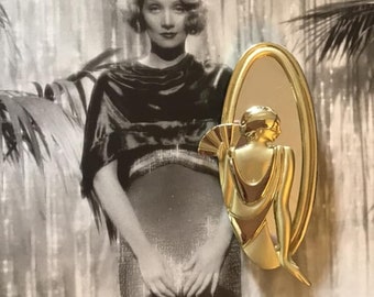 Vintage 1980's Brooch Pin Flapper With Fan & Mirror Gold Tone COLOR Metal