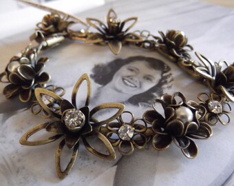 Vintage 1990s Bracelet Bronze Color Faux Pearls Rhinestones Deadstock Sweet Romance Collection Made In USA