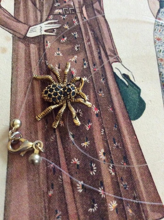 Vintage 1980s Necklace Spider Gold Tone Metal Wit… - image 1