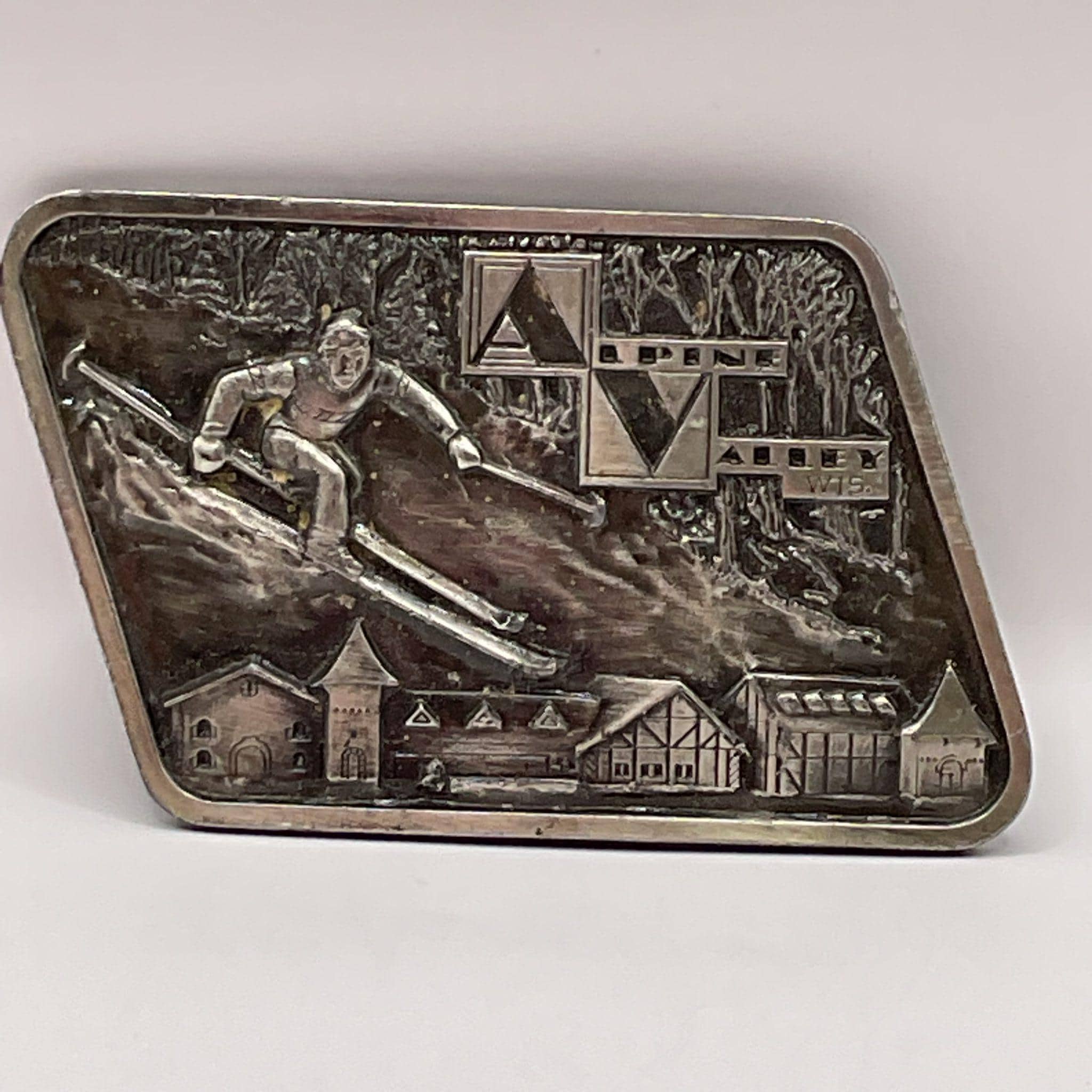 1978 women skier heavy brass buckle, USA made Brass Ski Buckle - Etsy main image 2