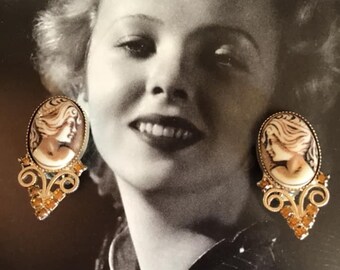 Vintage 1960's Earrings Clip-On Style Cameo Lady Face Light Orange Stones Unsigned