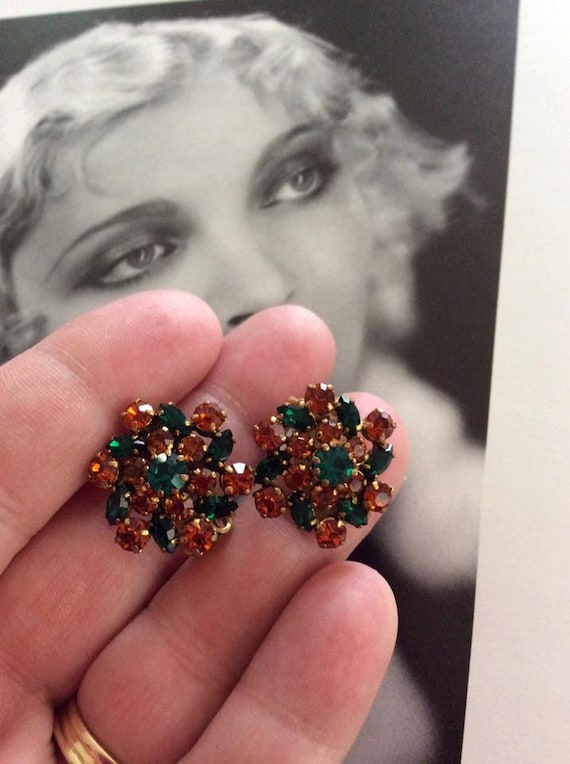 Vintage 1940s 1950s Earrings Emerald Green Orange… - image 3