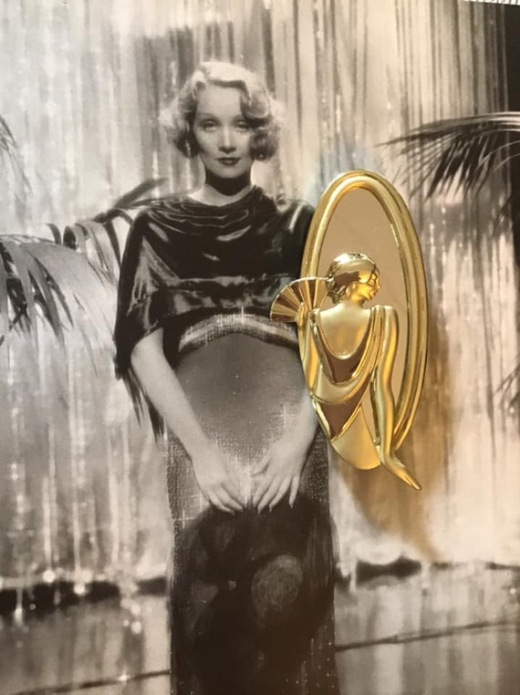 Vintage 1980's Brooch Pin Flapper With Fan & Mirr… - image 5