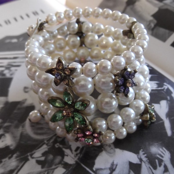 Vintage 1990s Bracelet Deadstock With Original Tag White Faux Pearls Colored Rhinestones Sweet Romance Made In USA