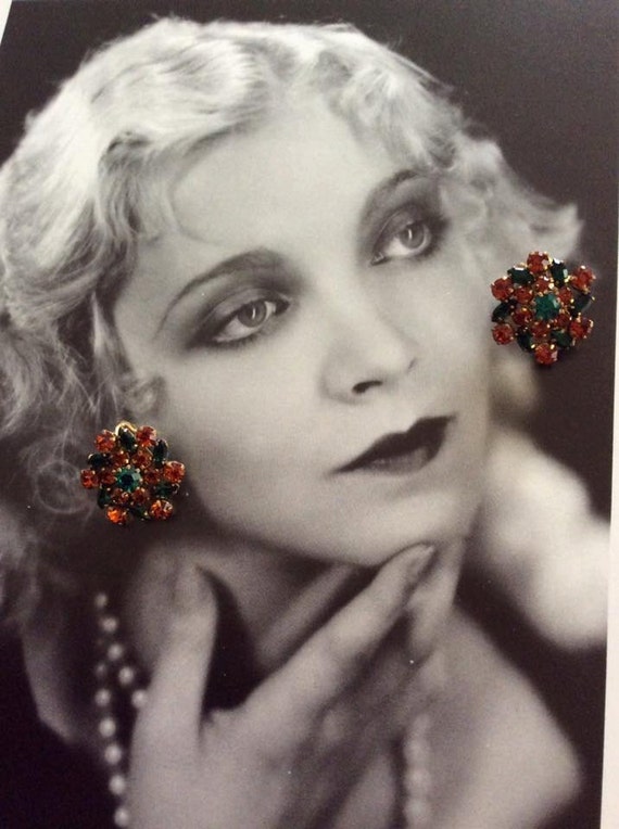 Vintage 1940s 1950s Earrings Emerald Green Orange… - image 2