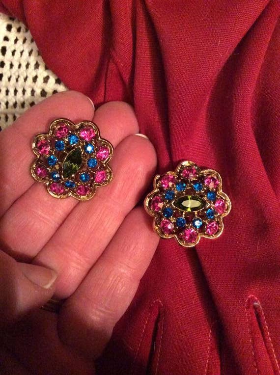 Vintage 1960s Earrings Clip On Vibrant Color Ston… - image 1