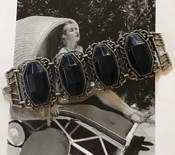 Vintage 1940's 1950's Bracelet Four Large Black P… - image 1