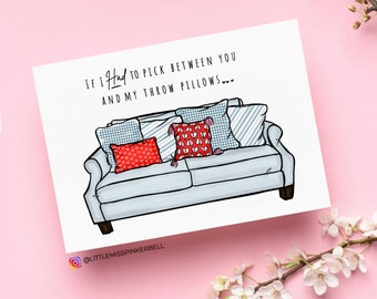 Romantic Card-Funny, Humorous Valentine's Day Card- Throw Pillow Lover, Card for Him