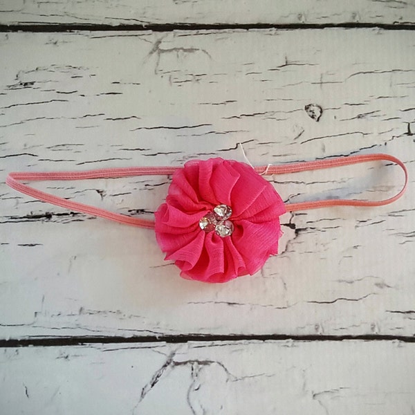 Hot Pink Rhinestone Wrinkle Flower Headband/Baby Headband/Infant Headband/Toddler Headband/Child Headband/Pink Headband