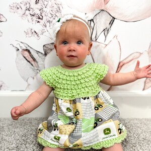 John Deere Tracker Dress, John Deere Tracker Fabric romper, 9-12 months Dress, Light Green Crochet top