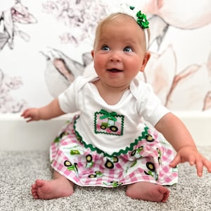 John Deere Tracker Romper, John Deere Tracker Fabric romper. 3 months, 6-9 months, 12 months, 18 months Romper with Green Trim