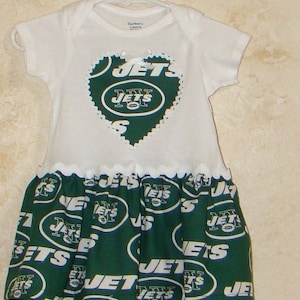DISCONTINUING ITEM, Football Appliqued One piece Romper, made with Jets fabric, NY Jets, Onesie with skirt