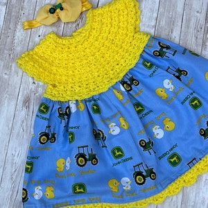 John Deere Tracker Dress, John Deere Tracker Fabric romper.6-9 months Dress, Light Green Crochet top
