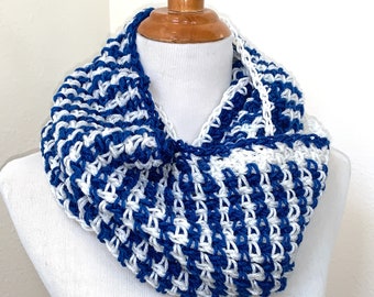 Sports Fan gift, Infinity Scarf, Crochet Sports Fan Infinity Scarf, Sports Scarf, Royal Blue and White scarf, Crochet Navy and White cowl