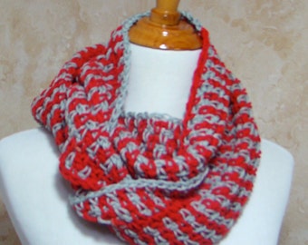 Crochet Sports Team Infinity Scarf: Red and Gray