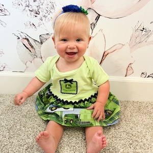 John Deere Tracker Romper, John Deere Tracker Fabric romper, Romper with Navy BlueTrim, ready to ship