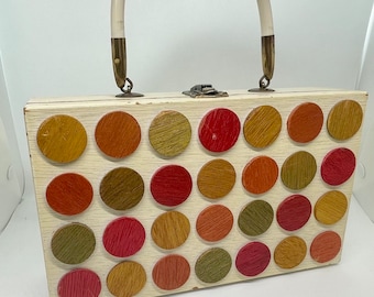 60's Mod Dots Wooden Plastic Handle Box Purse