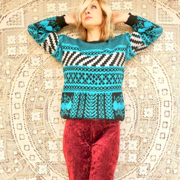 1980's Jumper Sweater - Flying Sports Label - Abstract Geometric Stripe Pattern - Uni-Sex