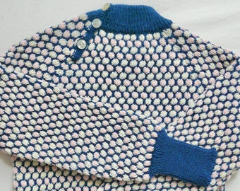 1970's Nylon Children's Hand Knit Jumper - New with Tags Attached - Made in Australia - Pink Blue & White