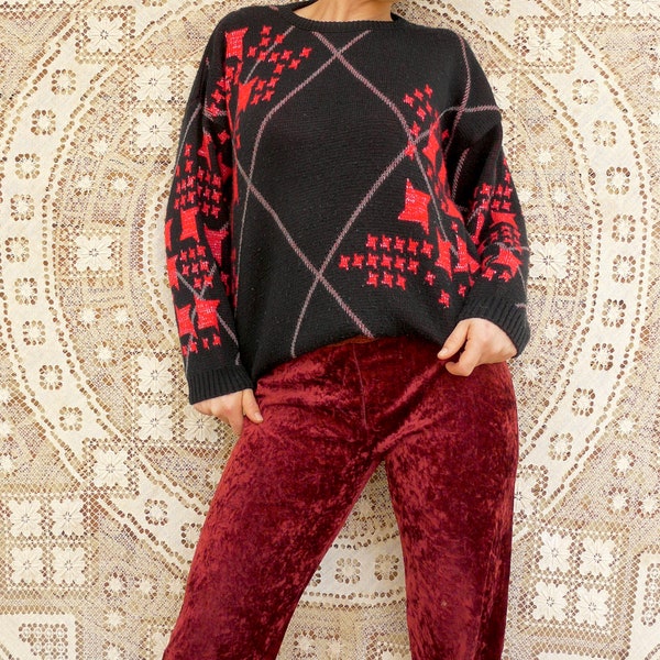 1980's Jumper Sweater - Diamond Starburst Pattern - Knitwaves Uni-Sex Knit - Slouchy Loungewear