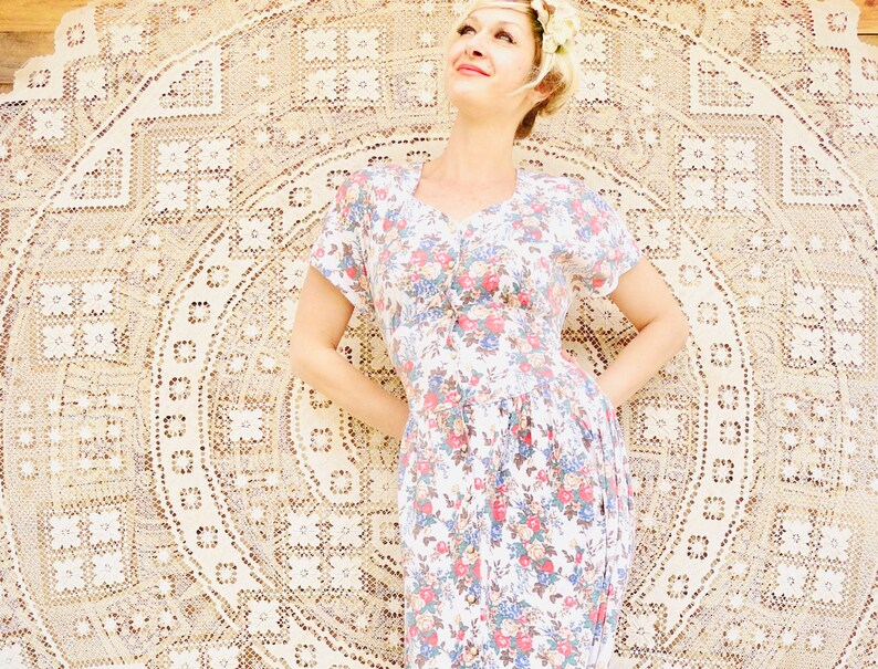 1990/'s Prairie Dress Laura Ashley Style Floral Boho Shirt-Dress Frock Midi Cami -