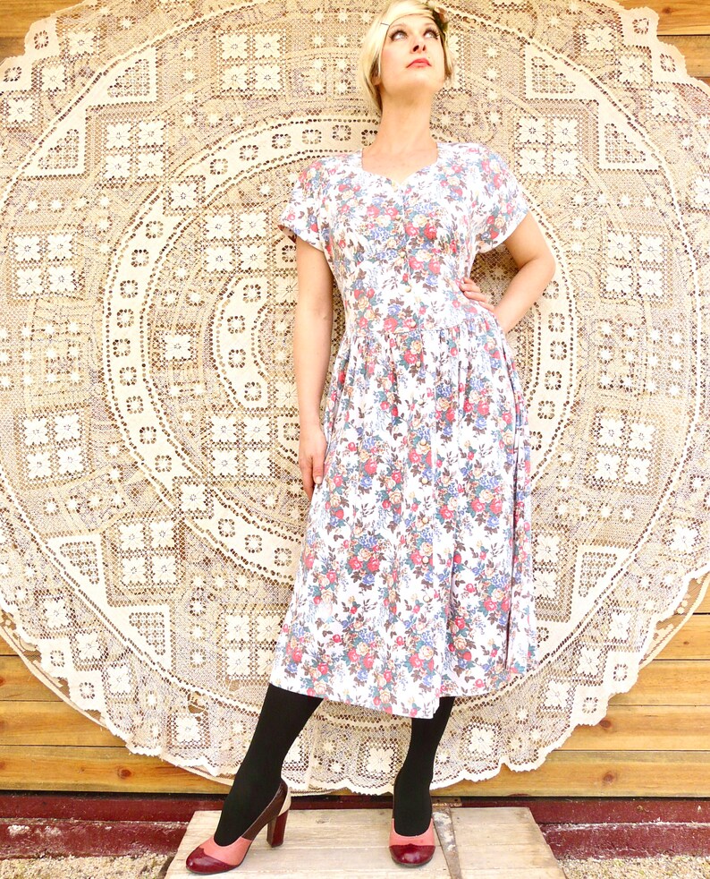1990/'s Prairie Dress Laura Ashley Style Floral Boho Shirt-Dress Frock Midi Cami -