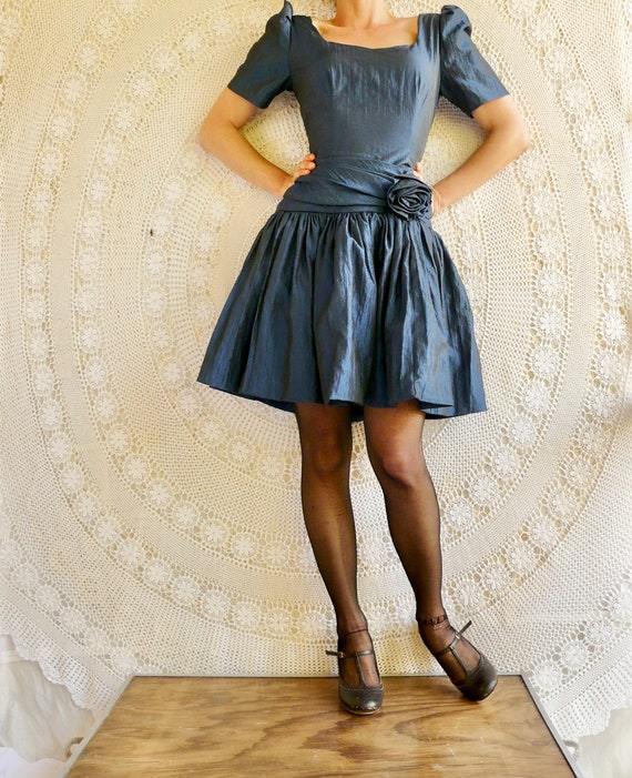 1980's Party Prom Midi Dress - Prussian Blue Grey