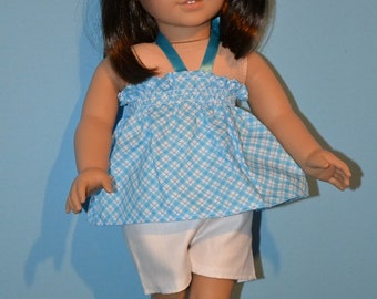 American Made Summer Mock Smocked Top fits 18 Inch Girl Dolls -White Shorts-Teal Clog Sandals Optional-Fun in the Sun Summer Doll Clothes!