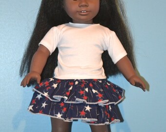 Patriótico Frírico Ruffled American Falda Set se adapta 18 "Chica Muñeca-Camisa Blanca-Opcional Red Clogs-Fun Americana Summer Doll Clothes Set!