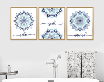 Mandala Bathroom Decor, Relax Soak Unwind, Bathroom wall Art, Navy and Teal Bathroom Art, Mandala Bathroom Prints, Medallion Bathroom Canvas