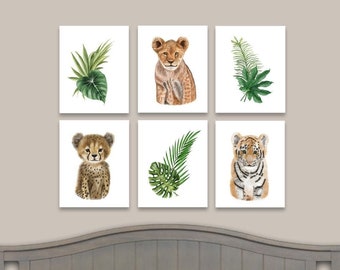 Baby Jungle Animal Decor, Tropical Leaves, Watercolor Nursery Prints, Wild Cat Nursery Art, Set of 6, Cheetah Tiger Lion, Jungle Nursery