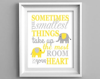 Sometimes the Smallest Things, Gender Neutral Nursery Art, Yellow and Gray Elephant Nursery Decor, Toddler Room Decor, Baby Girl, Baby Boy