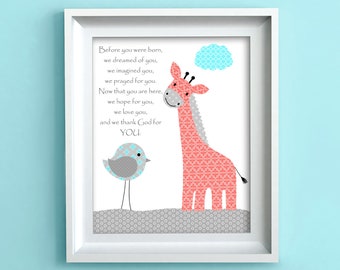 Before You Were Born, Giraffe Nursery, Aqua Coral Gray, Nursery Quote, Baby Decor, Nursery Wall Art, Giraffe Wall Art, Bird, Girl Room Decor