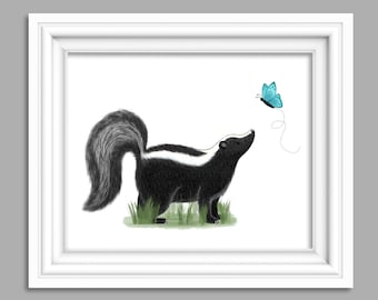 Skunk Watercolor Art Print, Skunk Nursery Decor, Woodland Nursery Wall Art, Forest Nursery Print, Animal Art, Canvas or Paper Print