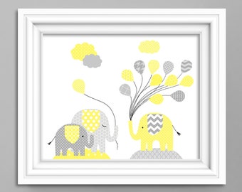 Elephant Nursery Art, Gender Neutral Baby Decor, Elephant Baby Decor, Grey and Yellow, Baby Shower Gift, Baby Art Print, Nursery Wall Decor