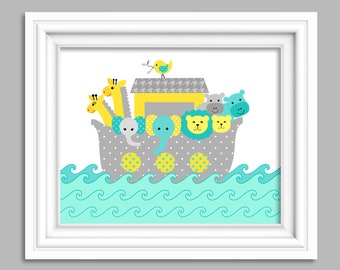 Noah's Ark Nursery Print: Teal, Yellow, and Gray Baby Room Decor