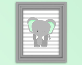 Elephant Nursery Art, Gray and Mint Elephant Print, Mint Nursery, Elephant with Balloons, Gender Neutral Nursery Decor, Baby Girl, Baby Boy