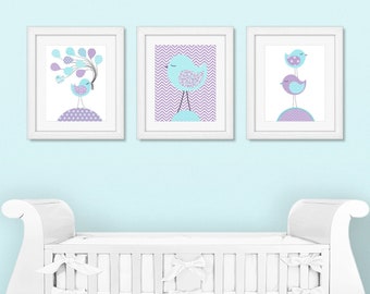 Aqua and Purple Nursery, Bird Nursery Art, Bird Baby Decor, Purple Chevron, Girl's Room Decor, Girl Wall Art, Girl Wall Decor, Bird Canvas