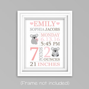 Koala Birth Stats Print, Personalized Baby Gift, Koala Birth Announcement, Custom Baby Gift, Baby Girl Wall Art, Koala Canvas, New Baby Gift