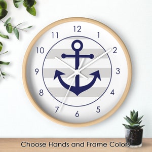 Navy and Grey Anchor Wall Clock, Quiet Tick Clock, Choose Hands & Frame Colors, Coastal Wall Decor, Nautical Bathroom Clock, 10&quot; Round Clock