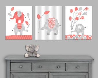 Coral and Gray Elephant Nursery Wall Art, Baby Girl Elephant Decor, Elephant Canvas Art, Set of Three Prints, Elephant Nursery Pictures