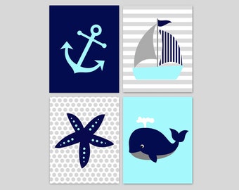 Nautical Nursery Wall Art, Aqua Grey Navy, Set of Four Prints, Beach House Decor, Coastal Decor For Baby Room