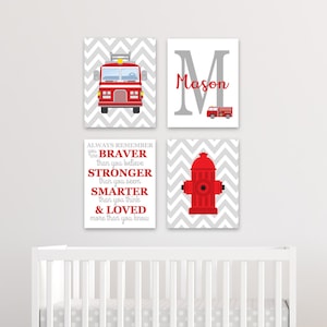 Firefighter Nursery Decor Set of 4 Prints, Monogram Print, Baby Boy Decor, Boy Fireman Prints, Firefighter Canvas Art, Baby Boy Wall Decor