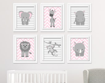 Zoo Nursery Decor, Baby Girl Nursery, Safari Nursery, Jungle Decor, Grey and Pink, Baby Wall Art, Elephant Hippo Lion Monkey Rhino Giraffe