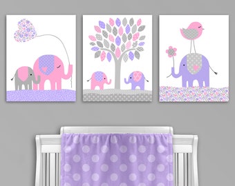 Elephant Nursery Wall Art, Girl's Room Decor, Baby Girl Nursery, Gray Pink Purple, Baby Shower Gift, Kids Canvas Art, Nursery Canvas Prints