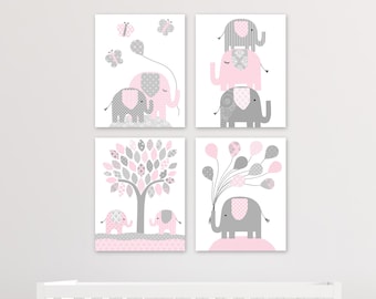 Elephant Nursery Decor, Gray and Pink, Girl Zoo Nursery, Elephant Wall Art, Safari Nursery, Jungle Decor, Zoo Canvas Decor, Baby Girl Room