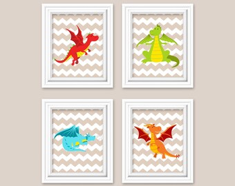 Dragon Nursery Art Boy's Room Decor Chevron Fantasy Baby Boy Decor Green Blue Red Orange Nursery Prints Toddler Beige Chevron Set of 4